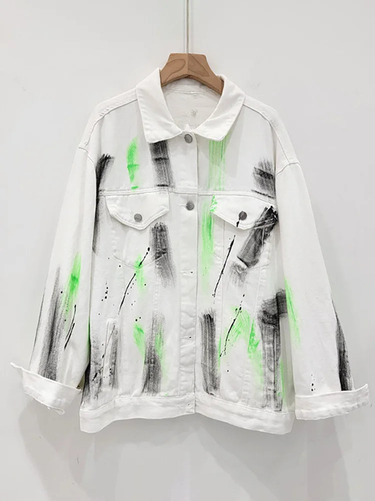 Women's Denim Jackets Single Breasted Lapel Contrast Color Graffiti Ink Splashing Coats Summer New Fashion