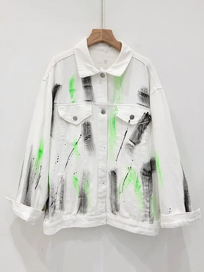 Women's Denim Jackets Single Breasted Lapel Contrast Color Graffiti Ink Splashing Coats Summer New Fashion