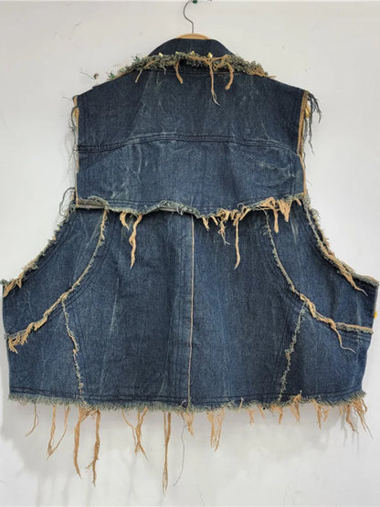 Vintage Lapel Single Breasted Sequin Diamond Flower Loose Contrasting Denim Vest Jackets Women Spring Summer
