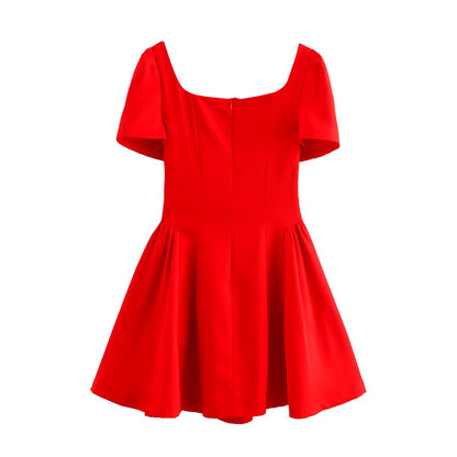 Ladies' fashionable temperament socialite style clean color square neck dress