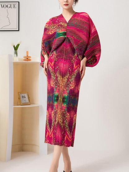 Pleated Print Midi Dress For Women Summer Batwing Sleeves Fashion Festival Clothing Ladies Elegant