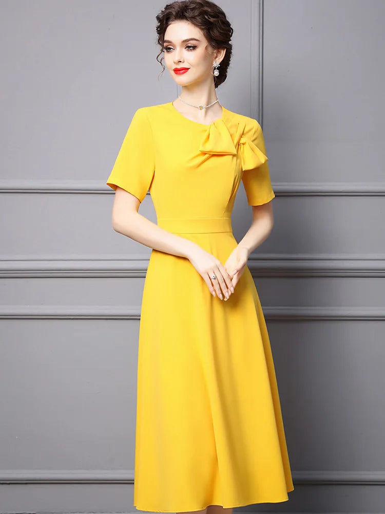 ZJYT Elegant Ladies Midi Simple Yellow Party Dresses for Women Summer Designer Bowknot Short Sleeve Office Vestidos Aline