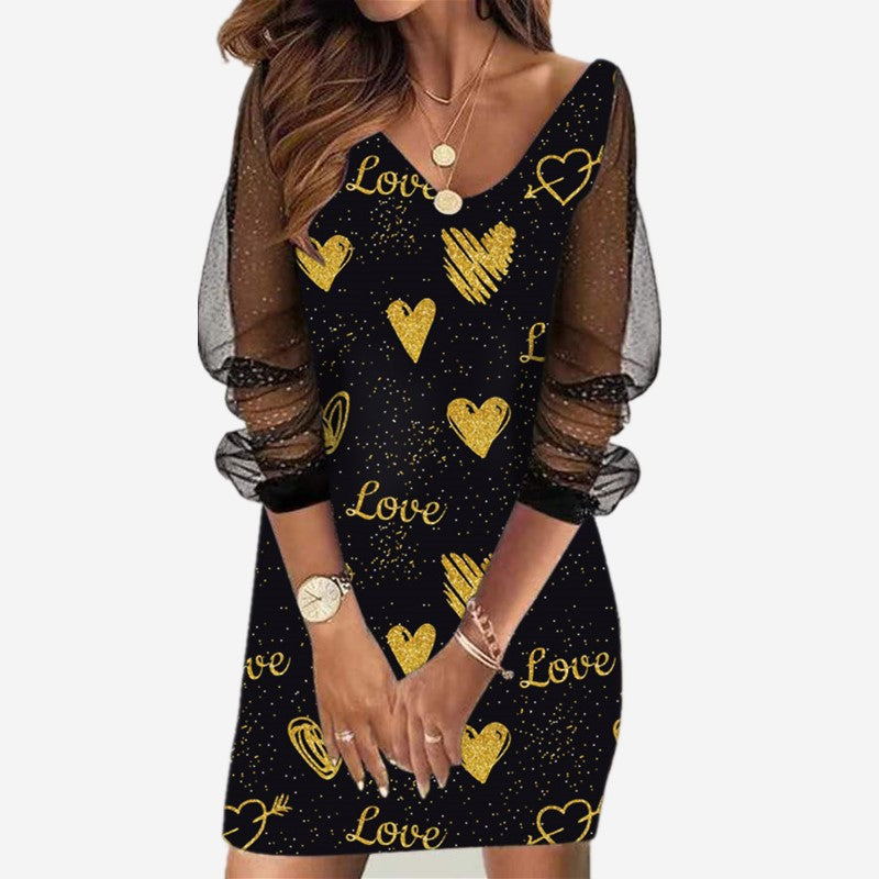 Sequined See Through Mesh Printing Stitching Ladies Dress Sexy Short Skirt