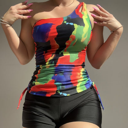 Women's color block patchwork single shoulder swimsuit