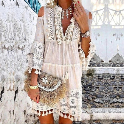 New Women's Fashion Sweet Ladies Dress Long Sleeve Dress Fringe Dress