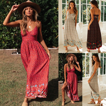 Summer Maxi Boho Dress Women Elegant Floral Dress Ladies Flower V-neck Sleeveless Strap Holiday Bohemian Dress