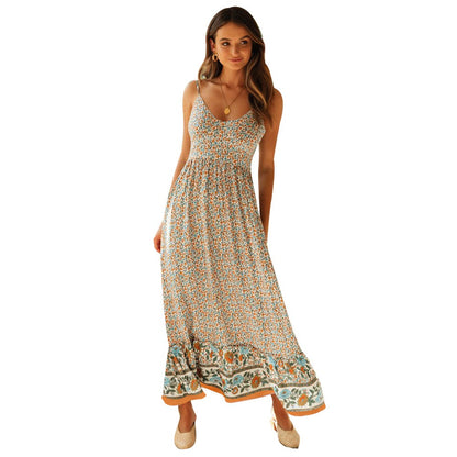 Summer Maxi Boho Dress Women Elegant Floral Dress Ladies Flower V-neck Sleeveless Strap Holiday Bohemian Dress