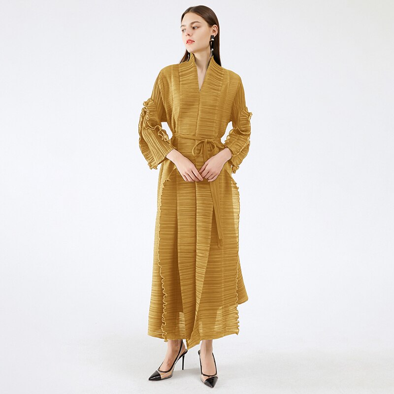 Spring And Summer Women's Catwalk Models Fungus Edge Long Sleeve Stitching Straps Pleated Dress