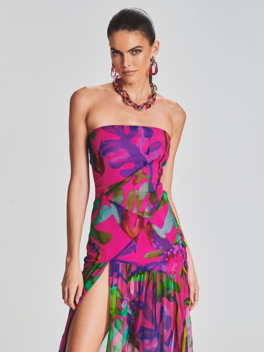New Printed Strapless Mesh Splice Split Celebrity Party Ladies Sexy Sleeveless Printed Split Colorful Holiday Dress
