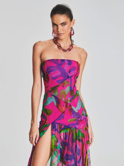 New Printed Strapless Mesh Splice Split Celebrity Party Ladies Sexy Sleeveless Printed Split Colorful Holiday Dress