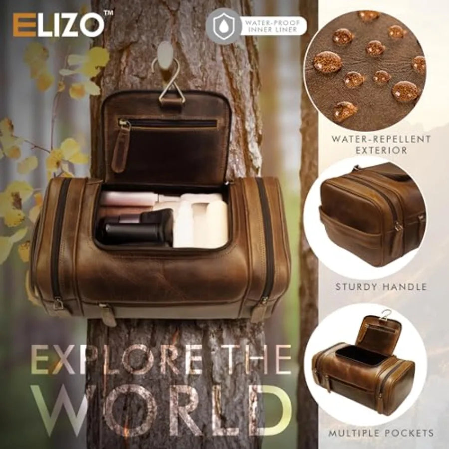 Genuine Leather Toiletry Bag for Men Mens Toiletry Bags for Traveling Waterproof Hanging Leather Dopp Kit w/Hook Extra largeToi
