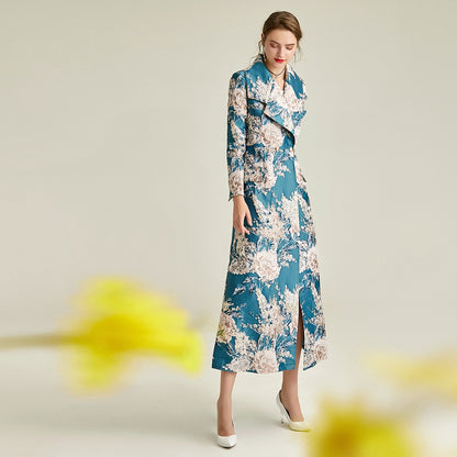 Spring and Autumn Ladies and Ladies Luxury Satin Jacquard Royal Sister Style Elegant Tall Long Trench Coat