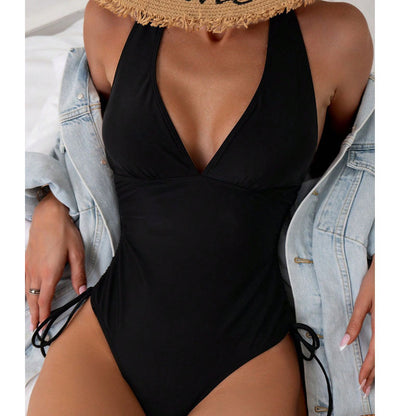Solid Color V-Neck Tummy-Covering Conservative One-Piece Swimsuit