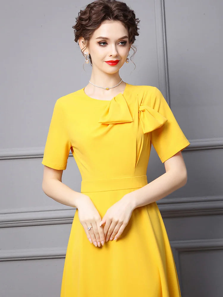 ZJYT Elegant Ladies Midi Simple Yellow Party Dresses for Women Summer Designer Bowknot Short Sleeve Office Vestidos Aline
