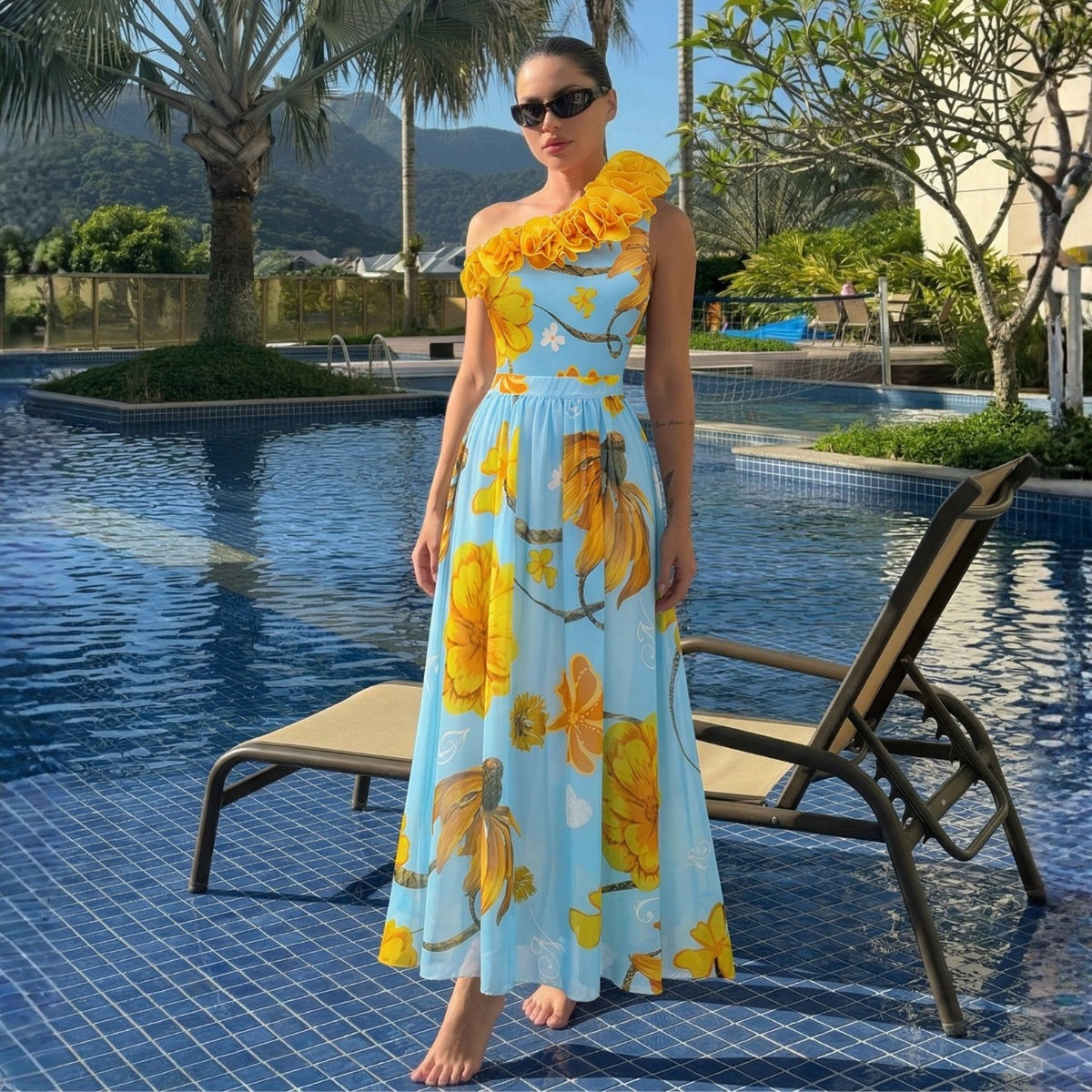 Fresh Blue Base Sunflower One-Shoulder One-Piece Swimwear Women's Two-Piece Set, 3D Ruffle Trim Vacation Swimwear for Women