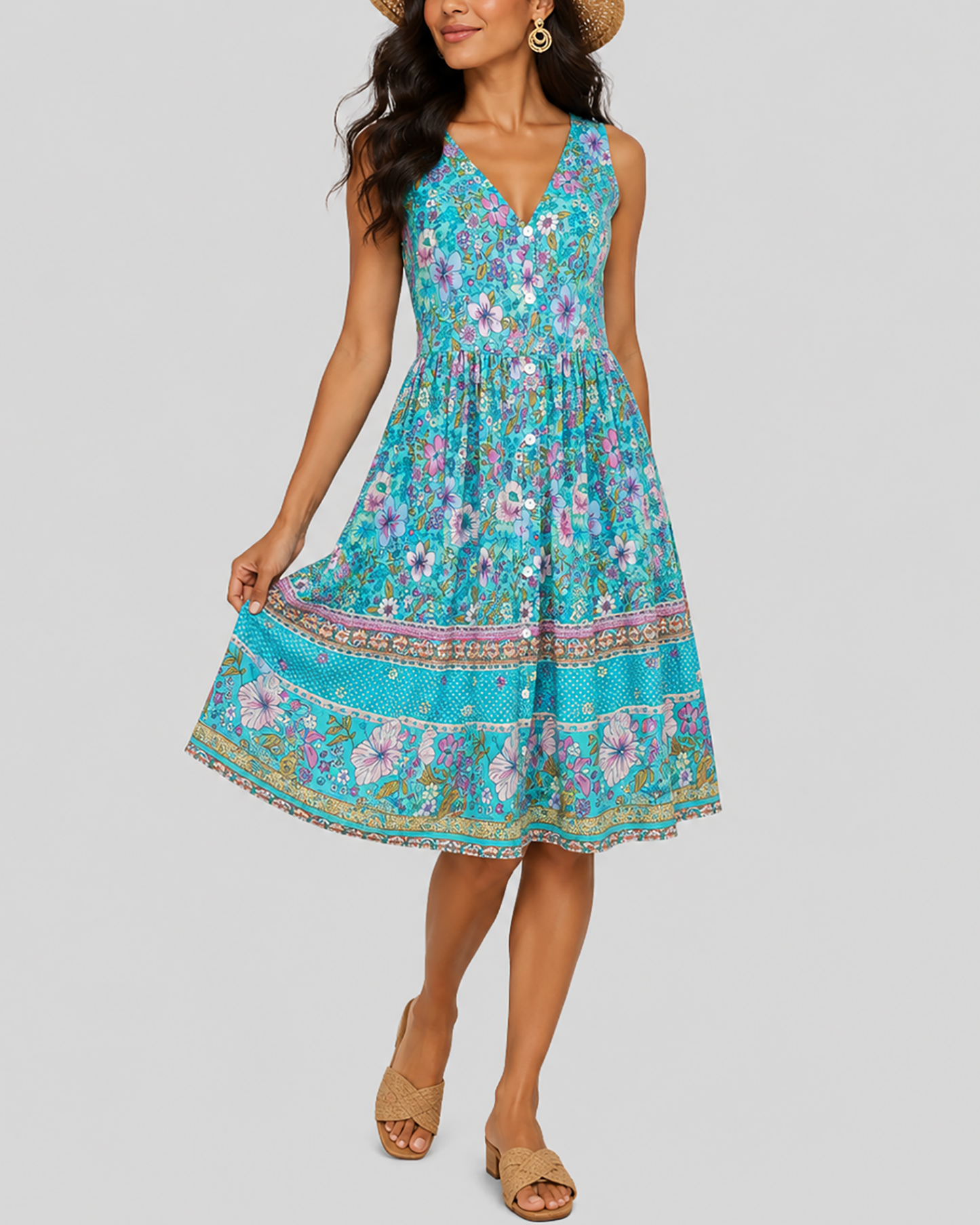Women's Fashion Ethnic Style Blue Printed V-Neck Open Front Sleeveless Dress