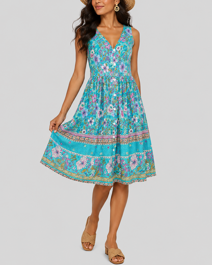Women's Fashion Ethnic Style Blue Printed V-Neck Open Front Sleeveless Dress