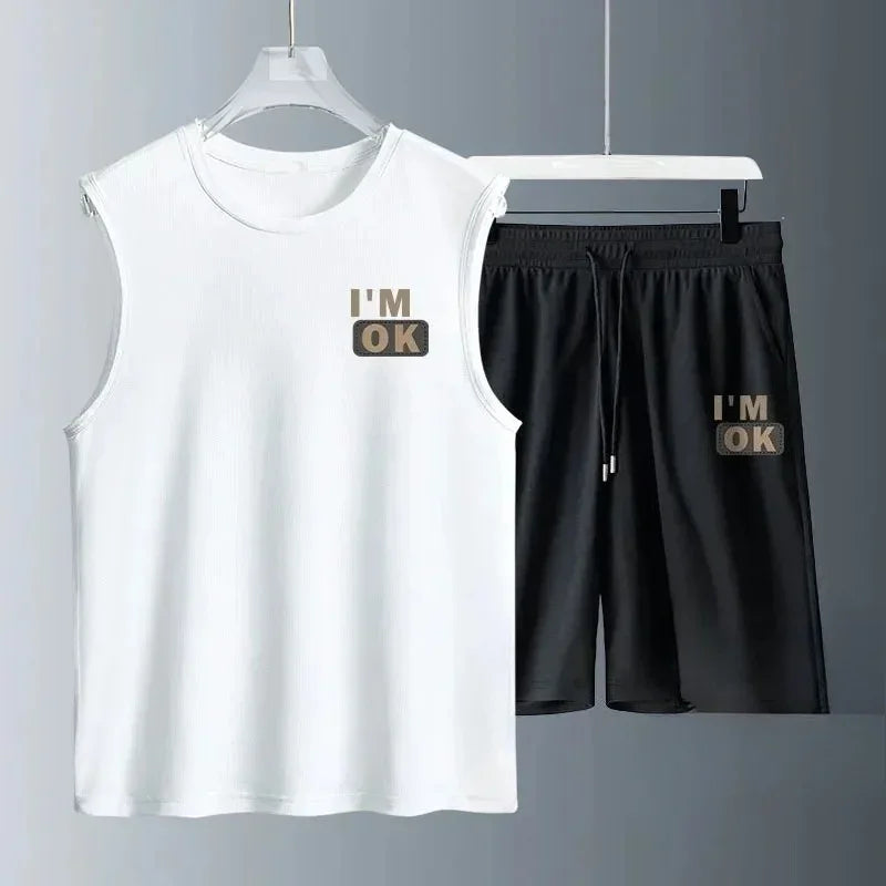 Men's Fashion Breathable Fitness Basketball Sports Quick-Drying 2-Piece Set, Sleeveless T-Shirt & Jogging Shorts