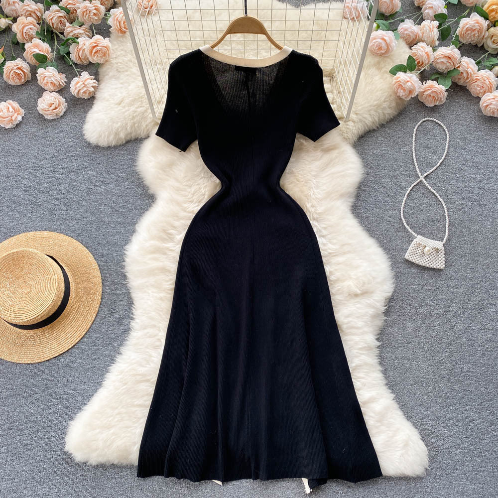 Women Summer French Style Dress Vacation V Neck Knit Temperament Ladies Solid Vacation A Line Midi Long Dresses