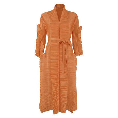 Spring And Summer Women's Catwalk Models Fungus Edge Long Sleeve Stitching Straps Pleated Dress