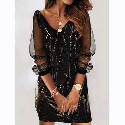 Sequined See Through Mesh Printing Stitching Ladies Dress Sexy Short Skirt