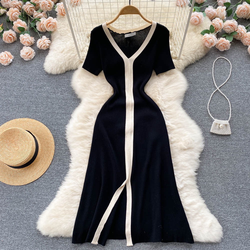 Women Summer French Style Dress Vacation V Neck Knit Temperament Ladies Solid Vacation A Line Midi Long Dresses