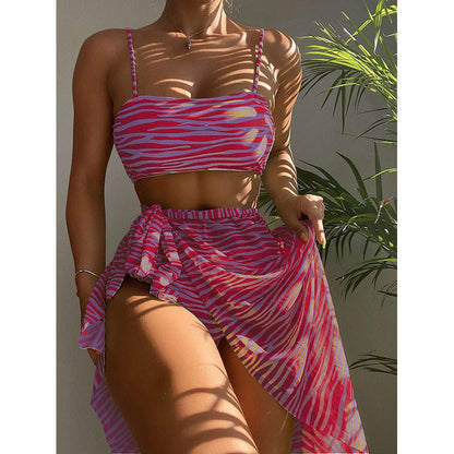 striped Bikini Three-Piece Swimwear Set with Beach Dress for Women