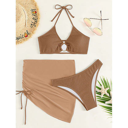 Chic Solid Color Belted Bikini Three-Piece Swimsuit for Women