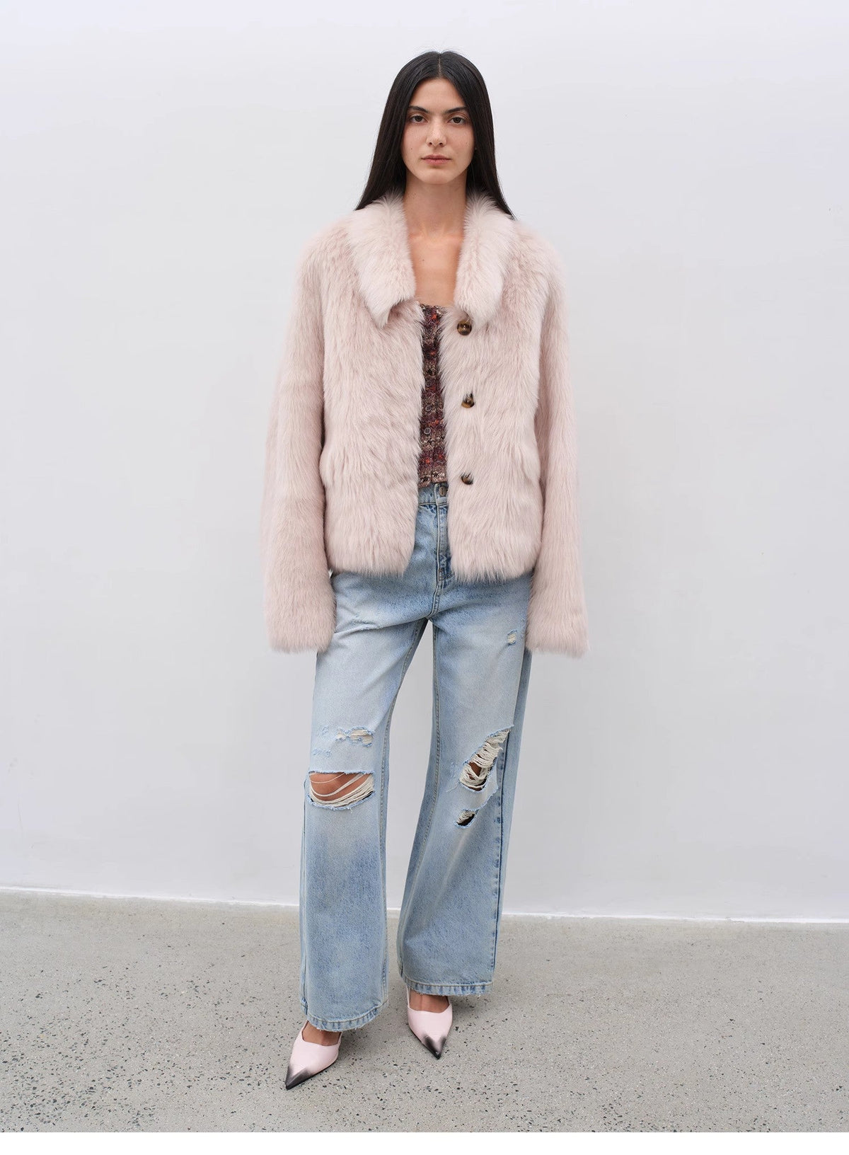 "Dream Walk" long lapel Toscana wool sheepskin short fur coat for