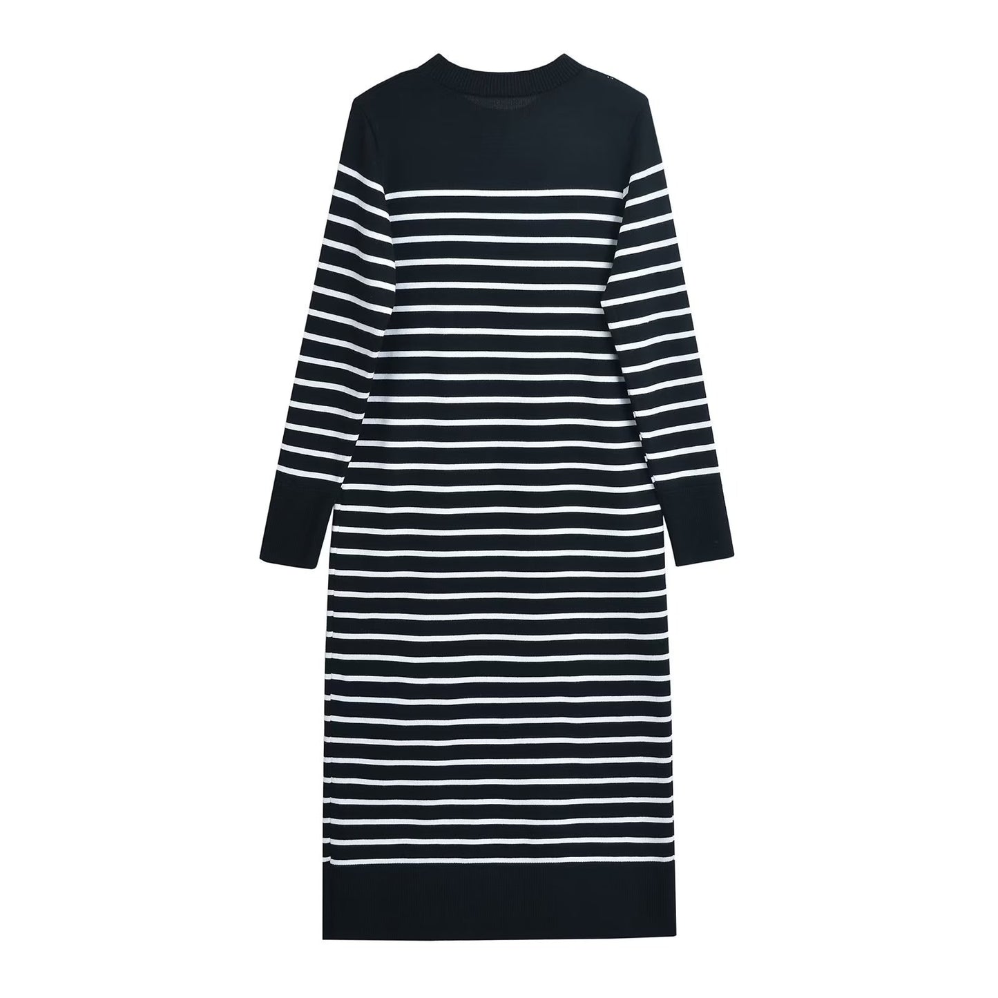 Spring Autumn New Women Long Knitted Stripe Dress Round Neck Rib Trim Long Sleeved Slim Fit Dress Ladies Trendy Casual frock