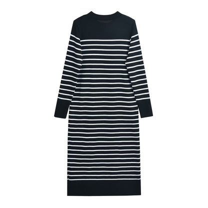 Spring Autumn New Women Long Knitted Stripe Dress Round Neck Rib Trim Long Sleeved Slim Fit Dress Ladies Trendy Casual frock