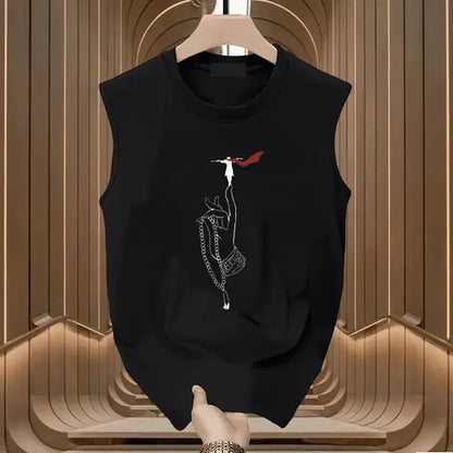 Chinese Style Printed Cotton Loose Casual Sleeveless Sports Vest Tank Tops S-4XL