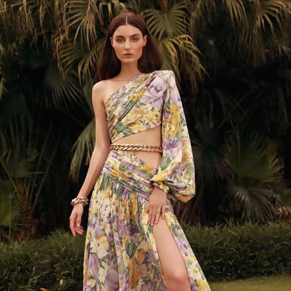 Women's Sloping Shoulder Sexy Navel Floral Skirt Temperament Ladies Irregular Swing Dress