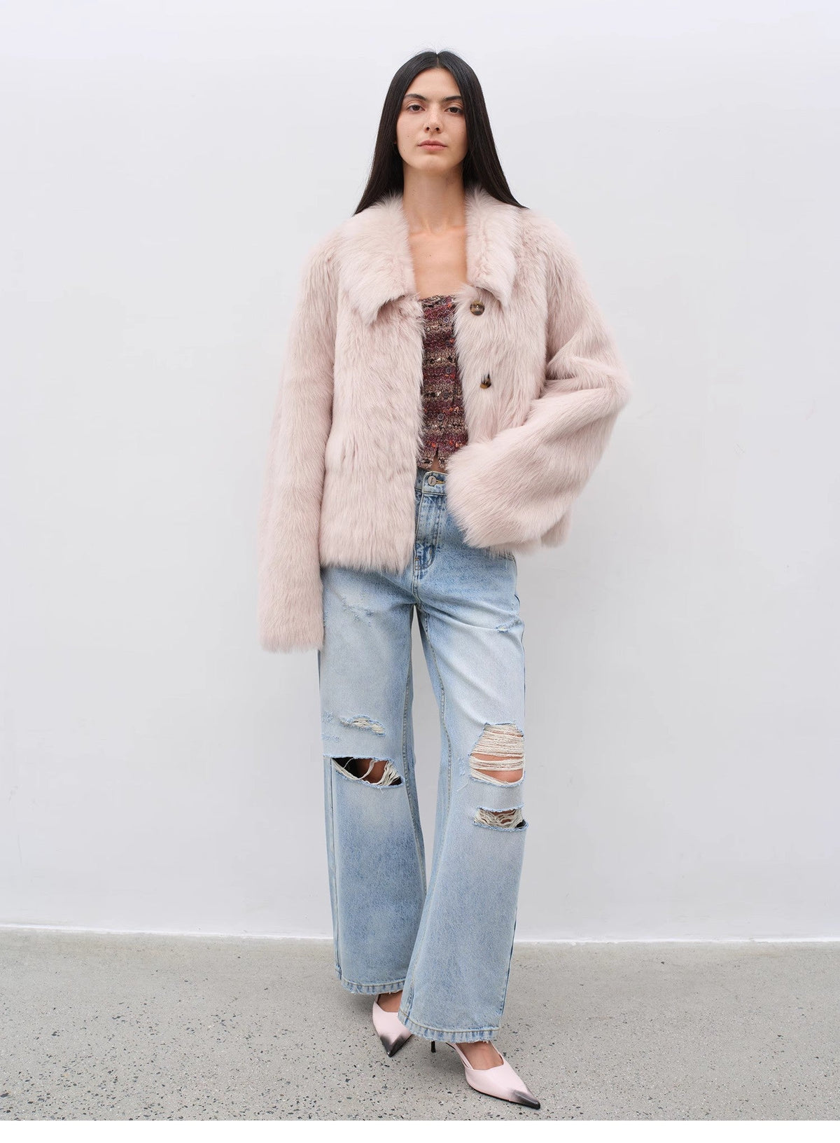 "Dream Walk" long lapel Toscana wool sheepskin short fur coat for