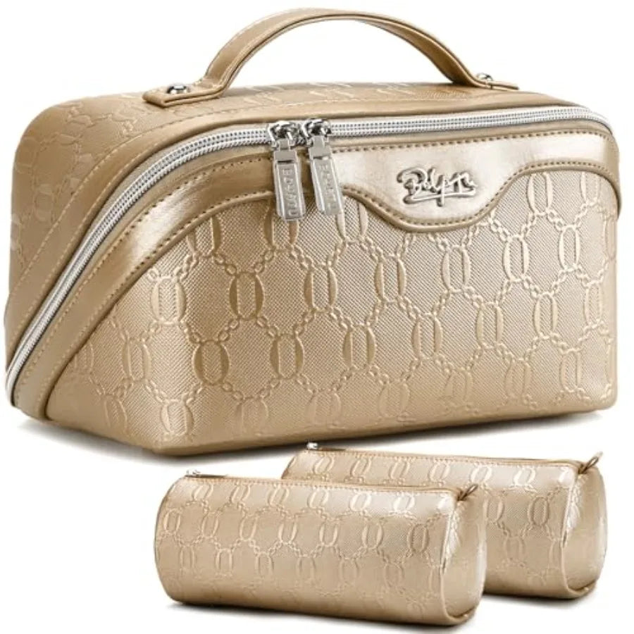 Travel Makeup Bag for Women: Cosmetic Organizer Bag with Compartments - Leather Make up Bags Set of 3