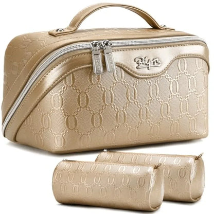 Travel Makeup Bag for Women: Cosmetic Organizer Bag with Compartments - Leather Make up Bags Set of 3