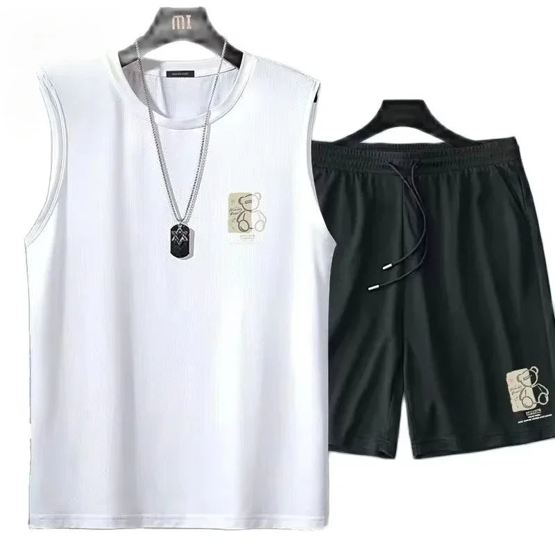 Men's Fashion Breathable Fitness Basketball Sports Quick-Drying 2-Piece Set, Sleeveless T-Shirt & Jogging Shorts