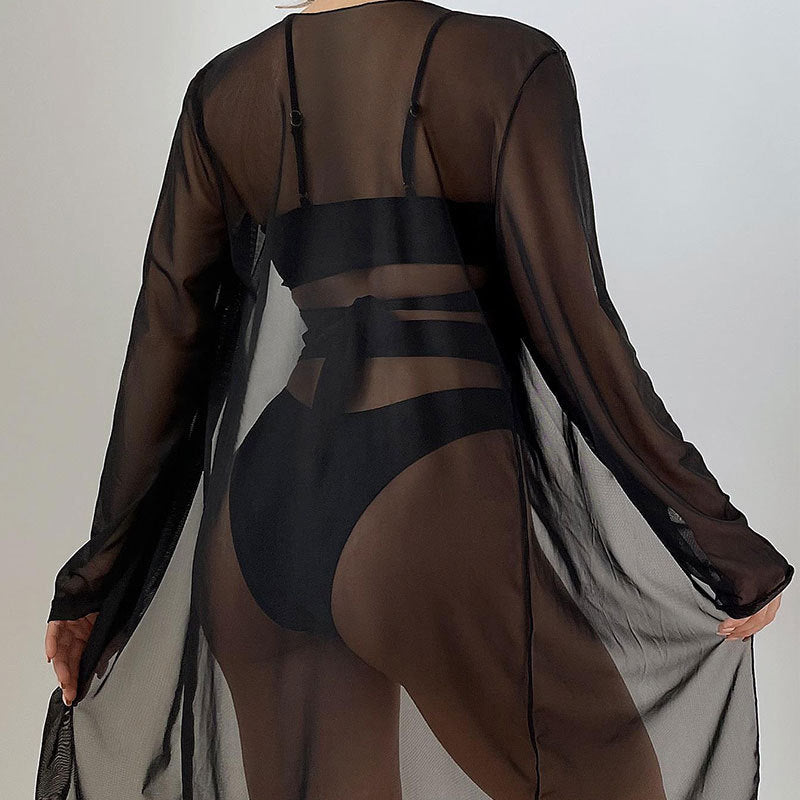 Open Front Beach Cover-Up Bikini Swimwear Three-Piece Set Push-Up High-Waisted Hot Spring Swimsuit for Women