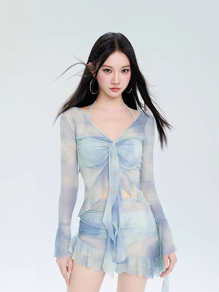 Skirt style four piece bikini hot spring long sleeved swimsuit