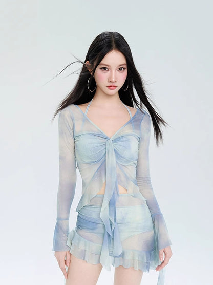 Skirt style four piece bikini hot spring long sleeved swimsuit