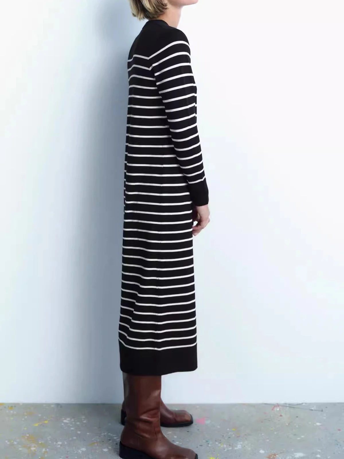 Spring Autumn New Women Long Knitted Stripe Dress Round Neck Rib Trim Long Sleeved Slim Fit Dress Ladies Trendy Casual frock