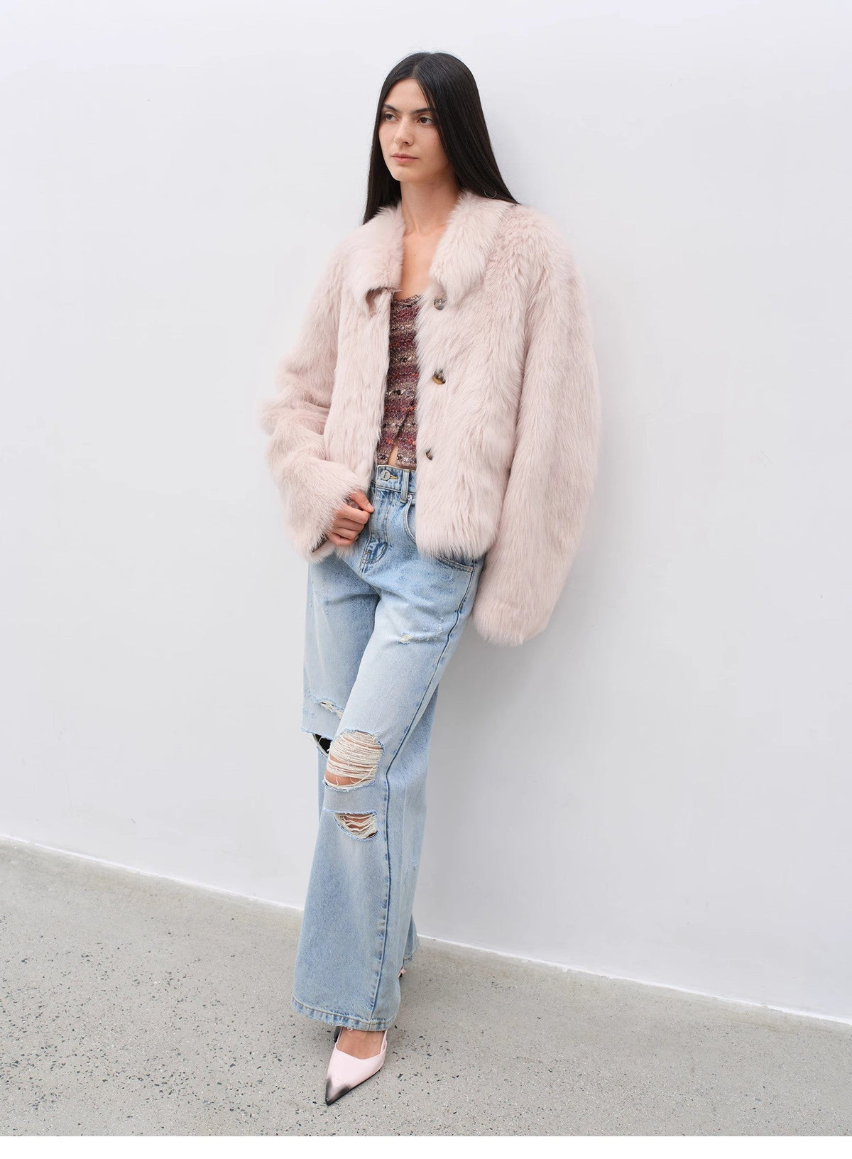 "Dream Walk" long lapel Toscana wool sheepskin short fur coat for