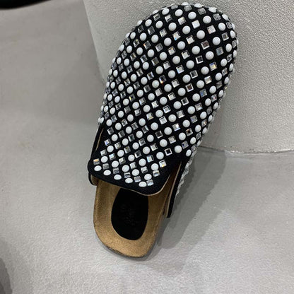 Mules Slippers Women New In 2023 Fashion Casual Summer Slides Rhinestones Female Shoes Ladies Outside Round Toe Flats