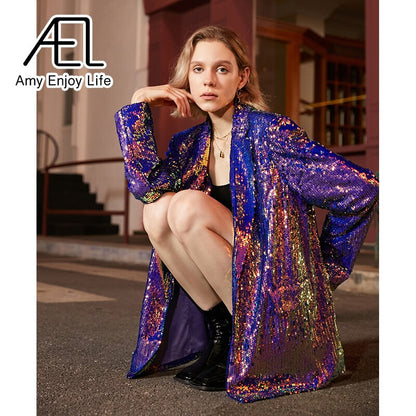 AEL Blue Glitter Gradient Blazer Woman Jacket Coat Fashion Loose Casual Spring Ladies Streetwear New