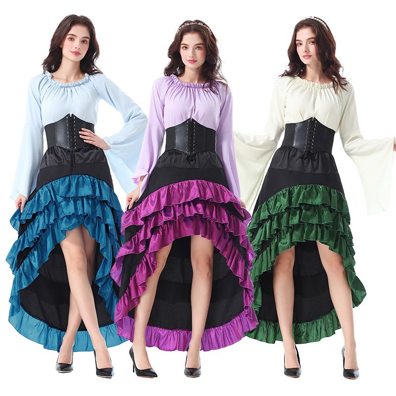 Ladies' Halloween Literary Front-Short Back-Long Ruffle Long Dress, Medieval Pirate Style Waist-Cinching Skirt