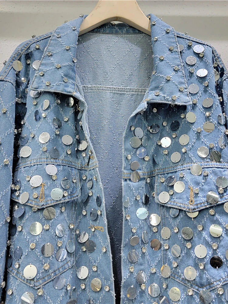 Women's Denim Coat Diamond Shape Rhinestone Sequins Single Breasted Do Old Blue Jackets  Summer New Fashion