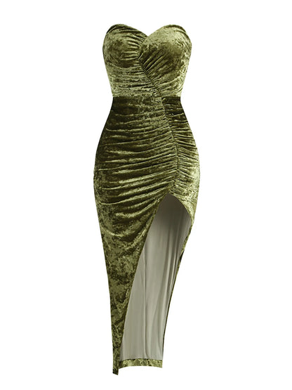 Ladies Strapless Folds High Split Backless Elegant Celebrity Cocktail Party Club Rmy Green Sleeveless Sexy Maxi Dress