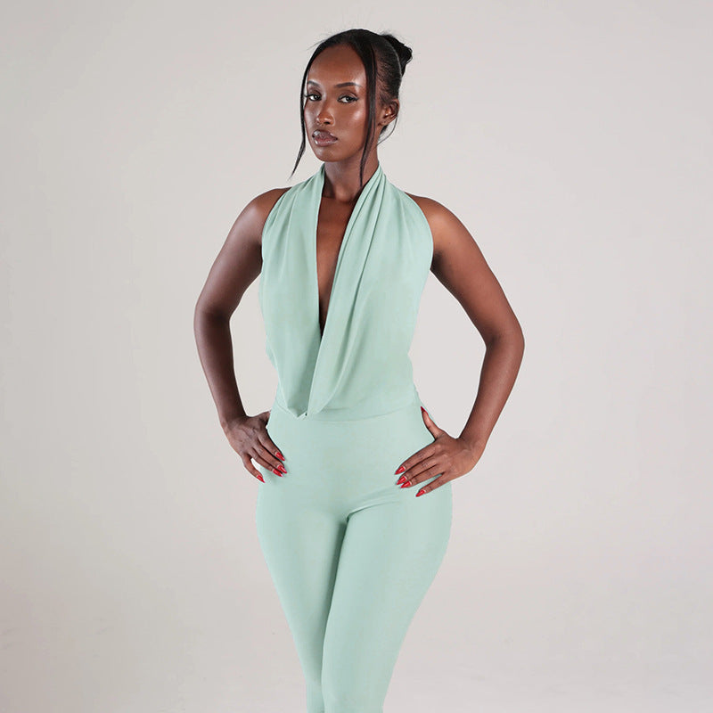 Ladies' Fashion Spring Summer Solid Color Halter Backless High Neck Bodycon Dress for Nightclub