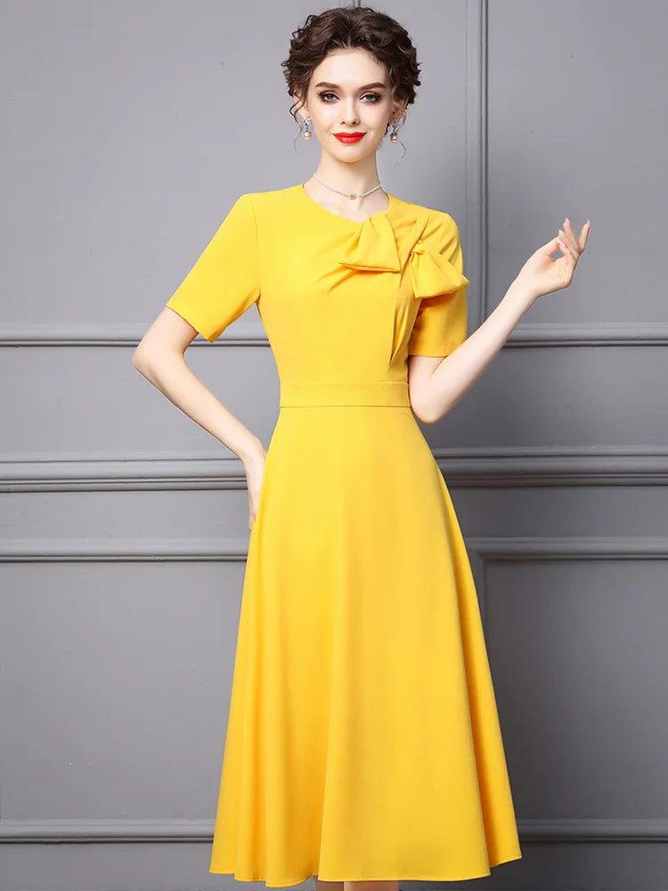 ZJYT Elegant Ladies Midi Simple Yellow Party Dresses for Women Summer Designer Bowknot Short Sleeve Office Vestidos Aline