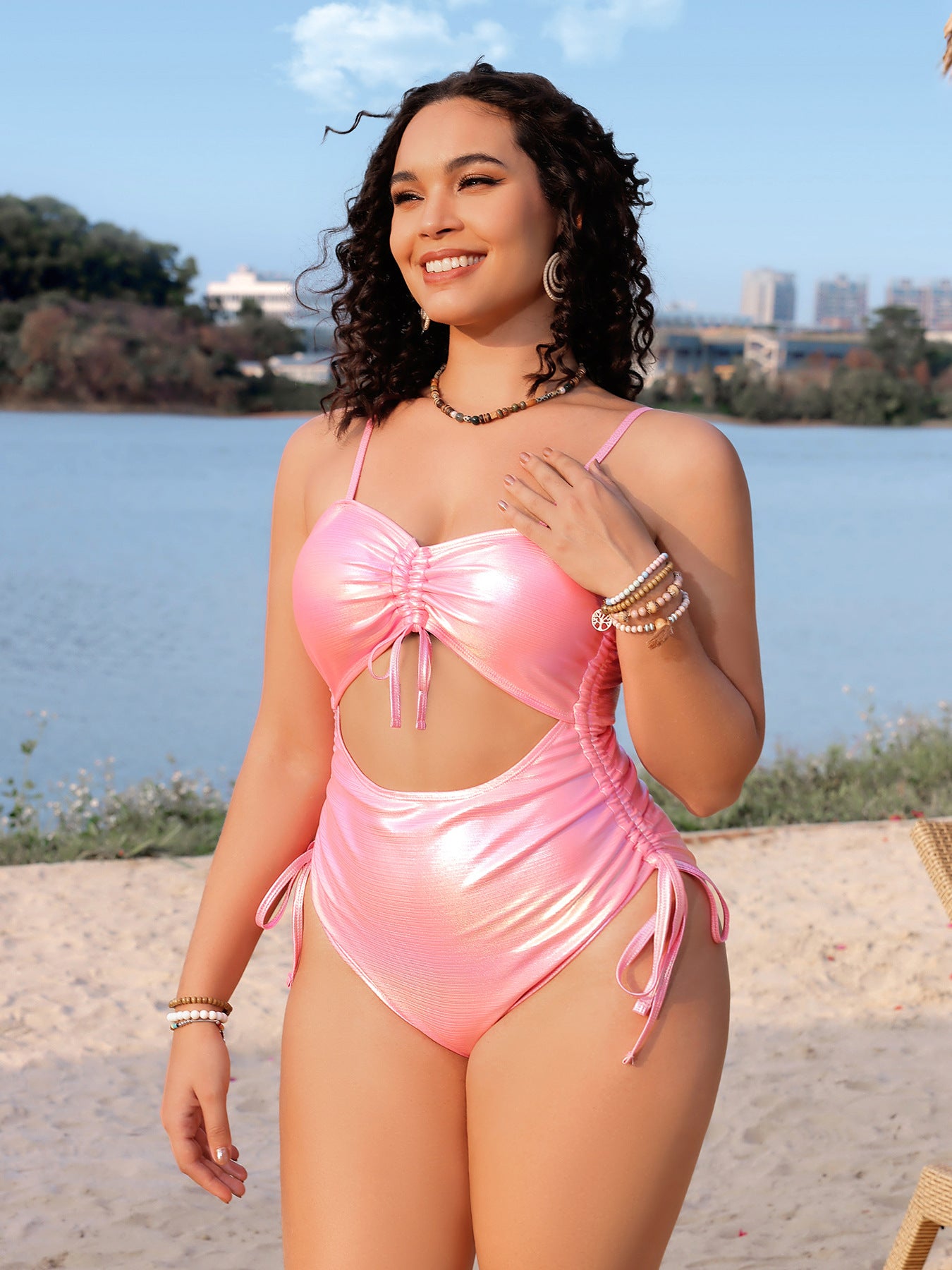Solid color drawstring women's swimsuit